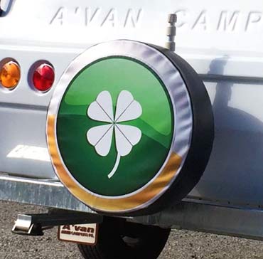 Custom spare wheel cover on a caravan.