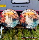 Caravan spare tyre covers showing ocean and cliff scene