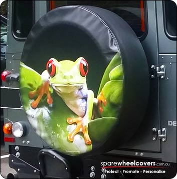 Custom spare wheel cover design. Green Tree Frog on spare tyre