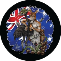 Aussie Mates - Illustration of Kangaroo and Emu in and Australian theme, printed on your spare tyre covers