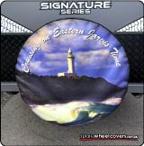 Caravan spare tyre cover with a bright lighthouse photo
