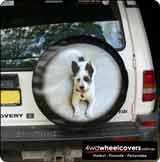 Photo of pet dog on a spare tyre cover.