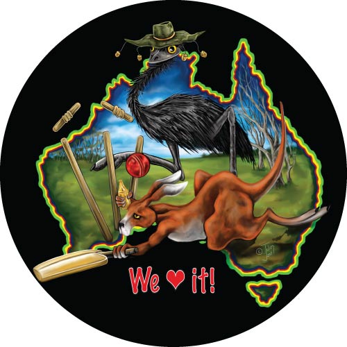 Aussie Mates playing cricket printed in high quality on your spare wheel cover
